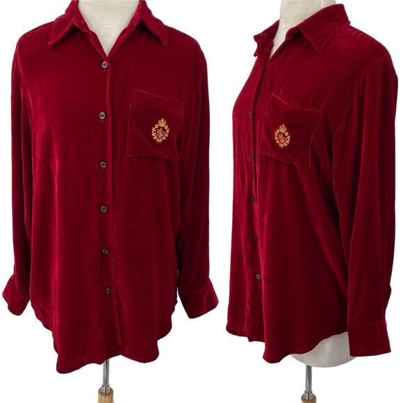 Vintage Lauren Ralph Lauren Silk Blend Velvet Shirt Button Down Red Medium P - Picture 1 of 8
